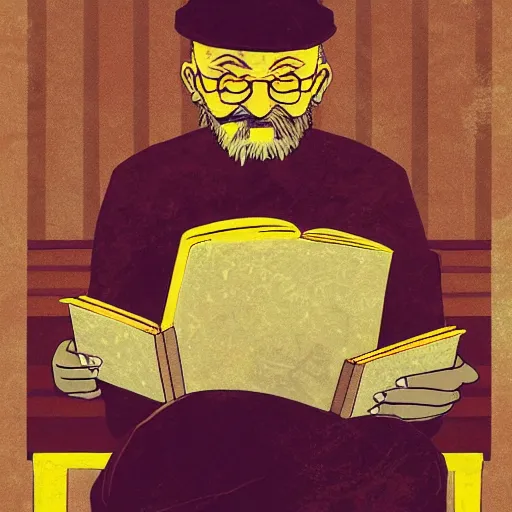 Prompt: detailed 2 d illustration pictures a old man read manga while sitting on his library in the style of banksy and alex ross and bokeh and rosy glow cinematic