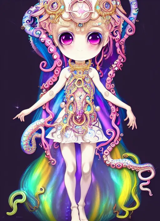 Image similar to A full body shot of a cute young magical girl wearing an ornate dress made of opals and tentacles. Chibi Monster GIrl. Subsurface Scattering. Dynamic Pose. Translucent Skin. Rainbow palette. defined facial features, symmetrical facial features. Opalescent surface. Soft Lighting. beautiful lighting. By Giger and Ruan Jia and Artgerm and WLOP and William-Adolphe Bouguereau and Loish and Lisa Frank. Fantasy Illustration. Sailor Moon. Masterpiece. trending on artstation, featured on pixiv, award winning, cinematic composition, dramatic pose, sharp, details, Hyper-detailed, HD, HDR, 4K, 8K.