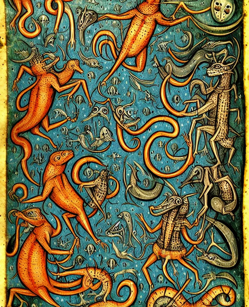 Image similar to medieval bestiary of wild repressed emotional creatures found in the deep sea of unconscious of the psyche, painted by ronny khalil