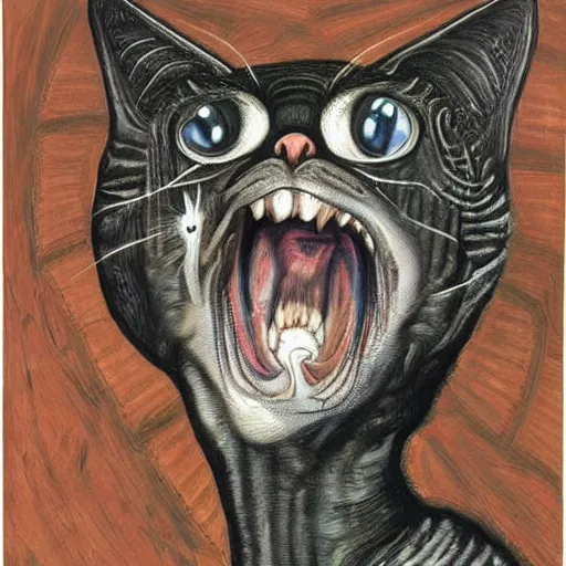 Prompt: painting by h. r. giger, cat going absolutely insane, freaking out, cat subject, psychopathic tendencies