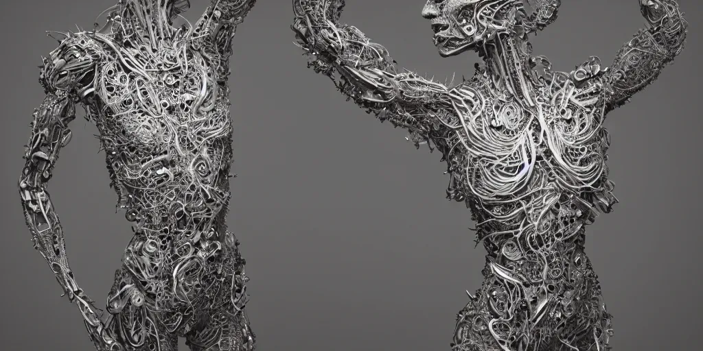 Image similar to realistic photography of a androgynous cyborg humanoid, arms reaching, grasping intricate filigree, in the style of beth cavener, jin kagetsu, wlop, highly detailed, symmetry, masterpiece, concept art, ringflash, highkey lighting, ambient lighting, softbox key light, octane render, 8 k, artstation