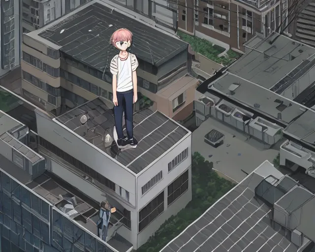 Prompt: teen standing on the roof of a building, wearing white collared shirt, back turned, looking up, illustration, by pine ( ハイネ ) and 薯 子 imoko and 香 川 悠 作 and wlop and maya takamura, highly detailed, trending artstation, pixiv, digital art