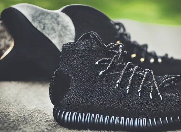 Prompt: product still of Black Panther signature Yeezys , black with silver panther teeth accents, 85mm f1.8