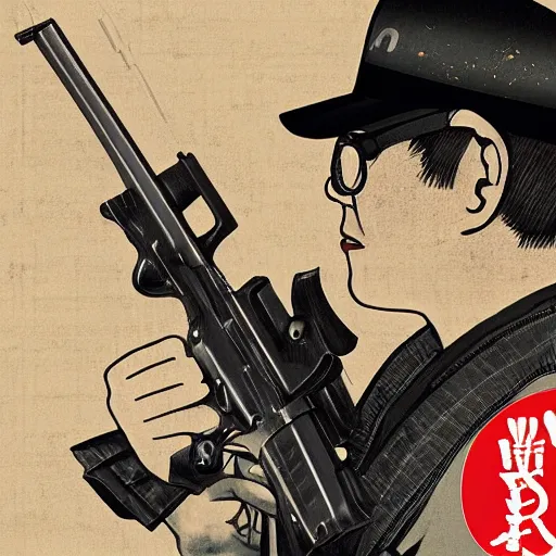 Image similar to jerry miculek shooting, digital art, utamaro kitagawa style