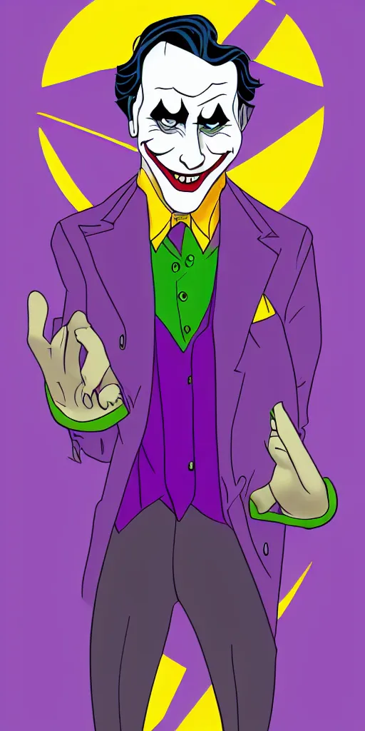 Image similar to joker wearing purple suit, yellow background, disney movie poster style, animation