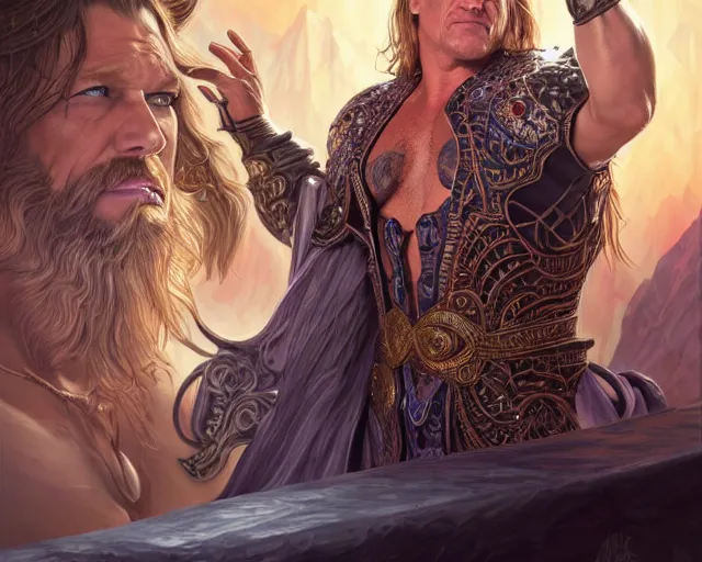 Image similar to chris jericho y 2 j wwf wwe wrestler lionheart, deep focus, d & d, fantasy, intricate, elegant, highly detailed, digital painting, artstation, concept art, matte, sharp focus, illustration, hearthstone, art by artgerm and greg rutkowski and alphonse mucha