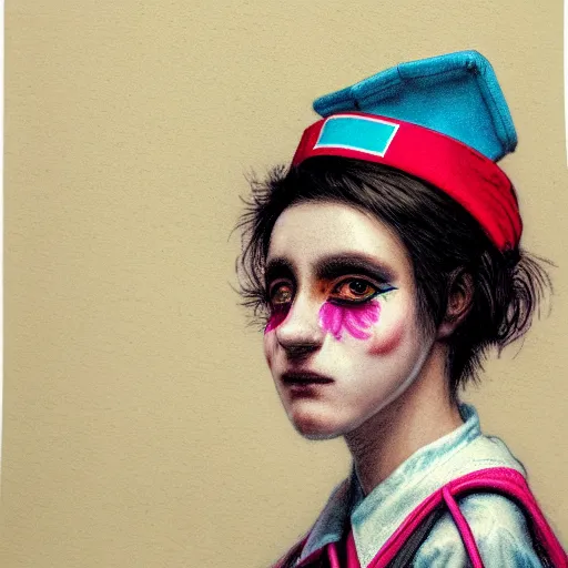 Image similar to clowncore pastel punk young hospital nurse wearing stylish uniform. detailed, portrait, 8 k, artwork by jean - baptiste monge