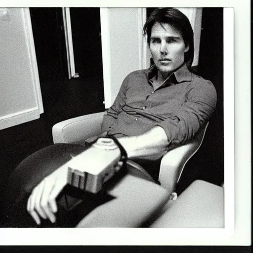 Image similar to Polaroid of Tom Cruise sitting in recliner with remote control 1983