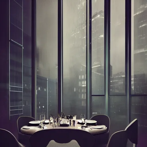 Prompt: modern high end designer restaurant at night in the foggy rain, symmetrical art deco office building with accent lighting, moody, epic composition, professional photograph, highly detailed, warm lighting interior, matte painting, large windows, dramatic lighting, unreal engine