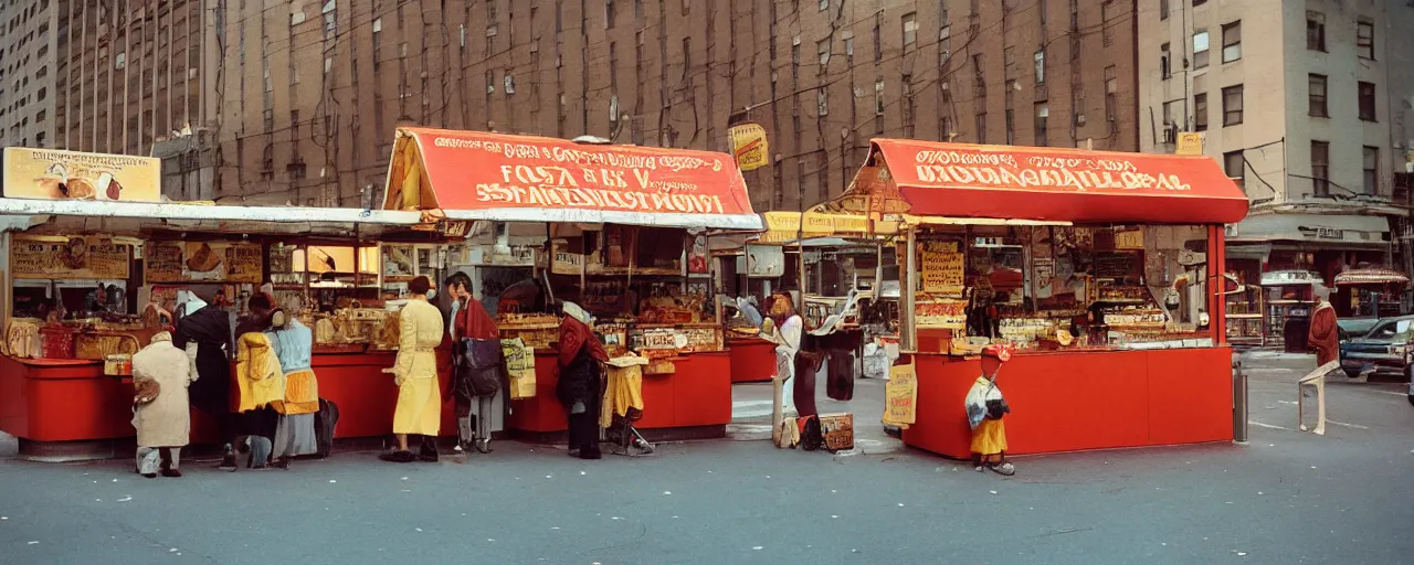 Prompt: food stand promoting spaghetti bowls, in downtown nyc, kodachrome, in the style of wes anderson, retro