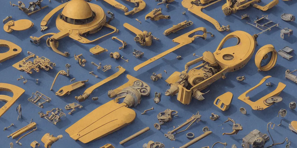 Image similar to collection of exploration of form and shapes, moebius, engine, props, hard surface, panel, simon stalenhag, kitbash, items, gadget, big medium small, close up, vehicles, futuristic, parts, machinery, greebles, insanely detailed, case, hardware, golden ratio, wes anderson color scheme, in watercolor gouache detailed paintings, sleek design, clear