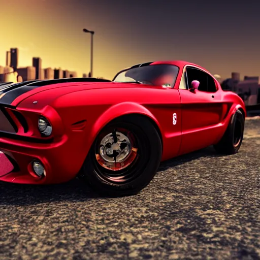 Prompt: photo of red shelby, hot wheels model, 8 k, epic cinematic, hyperrealist, 3 d render, tokio city background