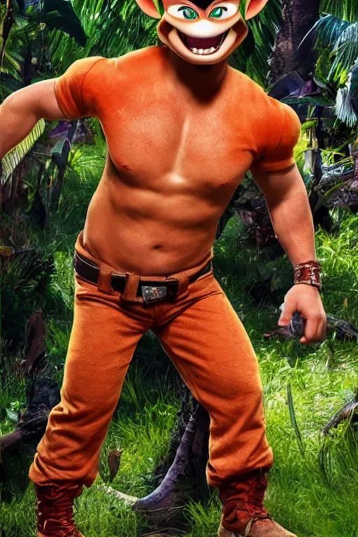 Prompt: Chris Pratt as Crash Bandicoot, set photograph, cover of Vogue