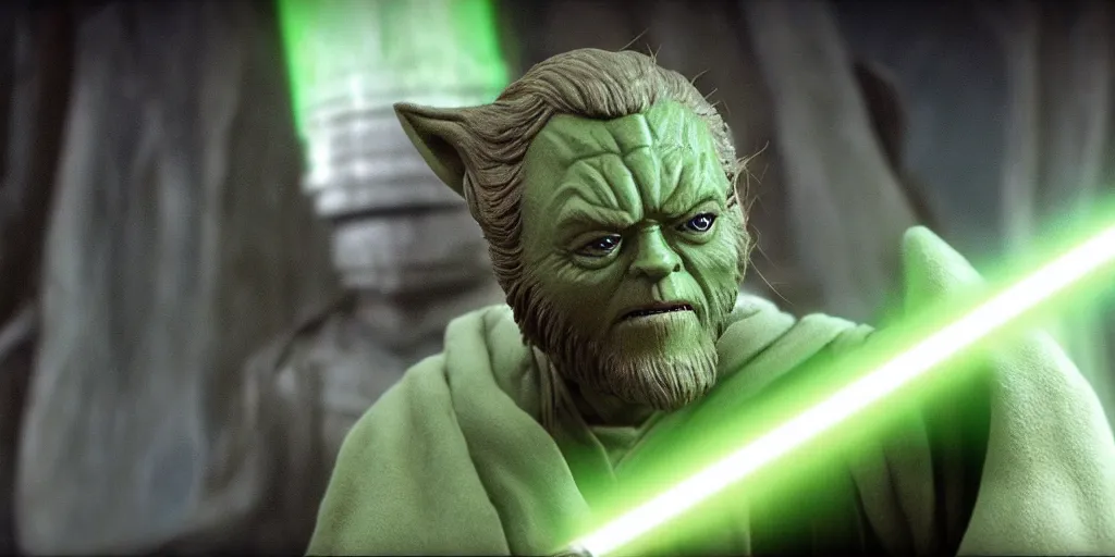 Image similar to obi - wan kenobi disney plus show season 2, green jedi master yoda puppet from 1 9 8 0 s empire strikes back and the last jedi, dagobah ultra realistic, 4 k, movie still, uhd, sharp, detailed, cinematic, render, modern