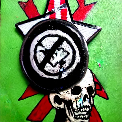 Image similar to painting on a badge, punks not dead!, exploited!!, clash, junk yard, rats!!, god save the queen, punk rock album cover art style, grunge, no future