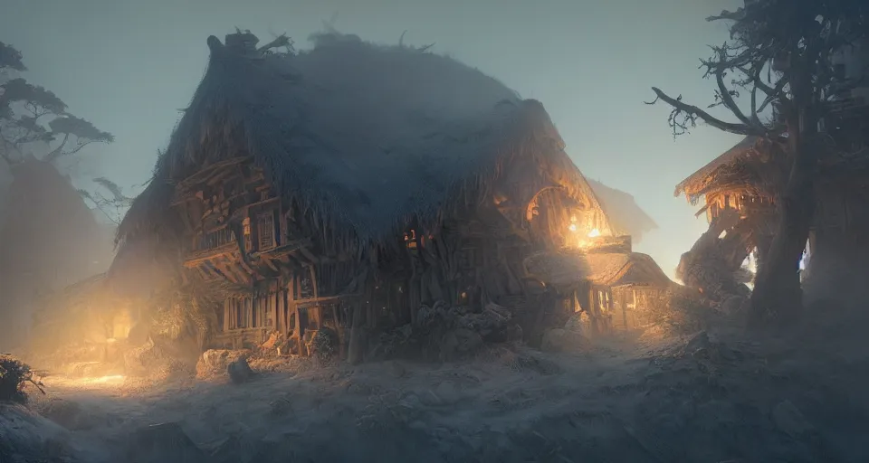 Image similar to one single big giant ogre troll. attacks wooden village houses. Destruction dust and fog. Atmospheric beautiful by Eddie mendoza and Craig Mullins. volumetric lights