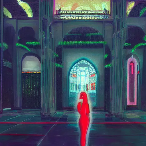 Image similar to beautiful woman, courtyard, capital, mosque interior, reflections, control panel, watcher, omniscient, tech noir, few neon signs, concept art, speed painting, oil on canvas