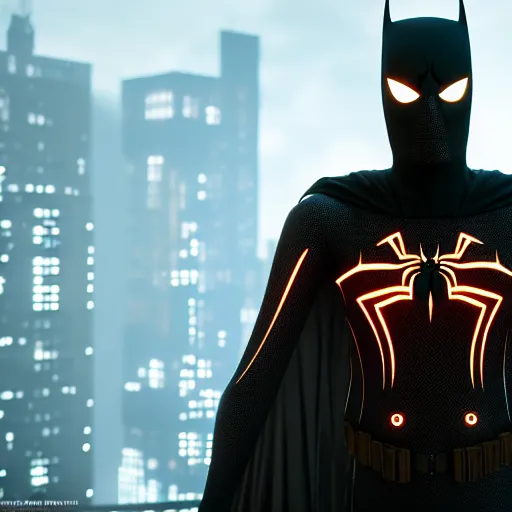 Image similar to a portrait of a spiderbatman , cyberpunk, highly detailed, unreal engine 5, 4K UHD image