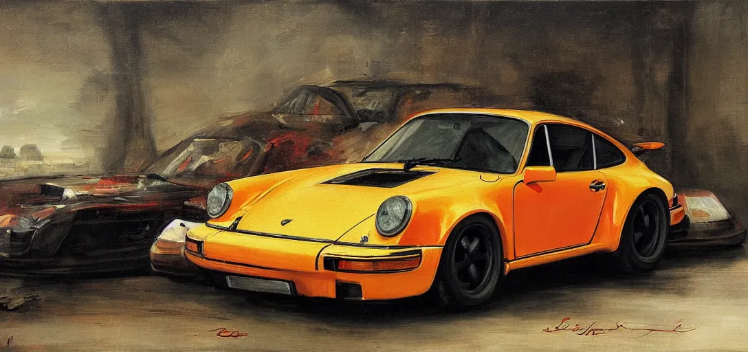 Image similar to upclose painting of a porsche 911 by jan matejko