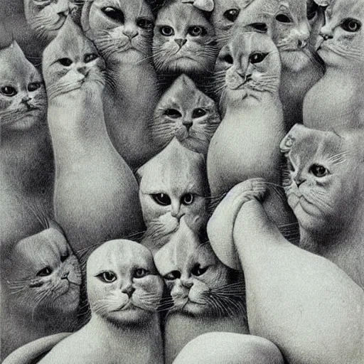 Image similar to a group of cats playing with human heads, drawing by zdzislaw beksinski