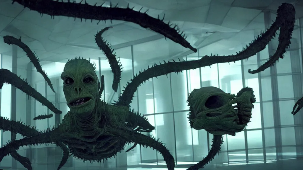 Image similar to the creature in the high tech office building, it is furious, film still from the movie directed by denis villeneuve and david cronenberg with art direction by salvador dali