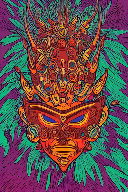 Image similar to totem animal mask tribal feather gemstone plant wood rock shaman vodoo video game vector cutout illustration vivid multicolor borderlands comics by josan gonzales and dan mumford radiating a glowing aura