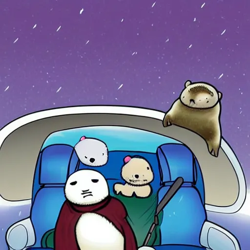 Image similar to portrait of a smug baby harp seal riding in the back of a limo, medium shot, highly coherent, saga comic, fiona staples