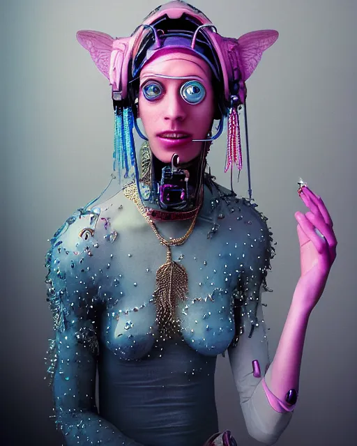 Image similar to natural light, soft focus portrait of a cyberpunk anthropomorphic fly with soft synthetic pink skin, blue bioluminescent plastics, smooth shiny metal, elaborate ornate jewellery, piercings, skin textures, by annie leibovitz, paul lehr