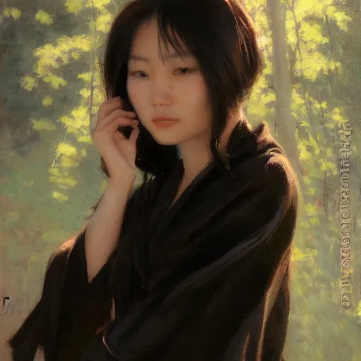 Image similar to detailed realistic cinematic wide shot of beautiful attractive hollow cheeks asian woman wearing black suit robe slim face symettrical face clean skin black eyes black robe smooth, sharp focus, ultra realistic, spring light, painting by gaston bussiere, craig mullins, j. c. leyendecker