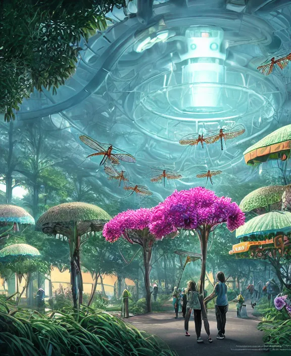 Prompt: an amusement park made out of seamless alien isopod dragonflies, in the style of an aerodynamic robot, overgrown with puffy orchids, partly cloudy, somber, dramatic lighting, by dan mumford, yusuke murata, makoto shinkai, ross tran, cinematic, unreal engine, cel shaded, featured on artstation, pixiv