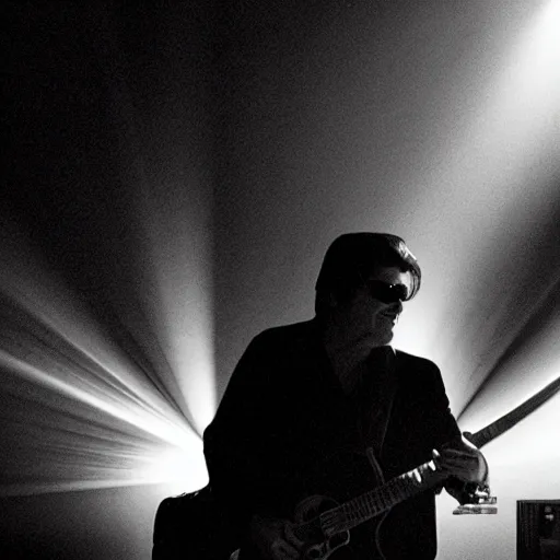 Image similar to a still of Elvis silhouette backstage waiting to play. God rays through, fog.