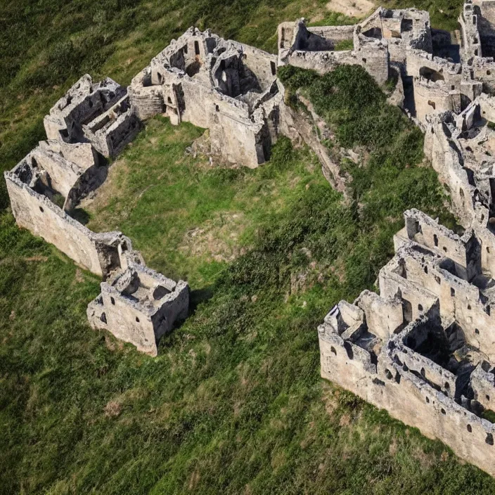 Image similar to aerial view of an ancient punisher castle compound fortress from above on a hill by the ocean shaped exactly like the punisher symbol detailed