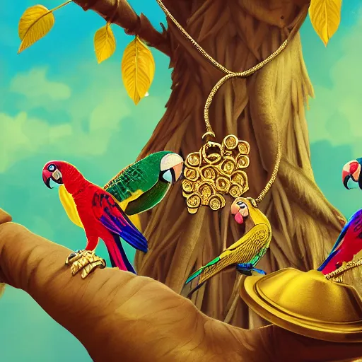 Image similar to parrots dressed in golden rings, necklaces and with caps on head, rapping and sitting on golden trees, rap scene, jungle concept art, trending on artstation, highly detailed, digital art, 8 k