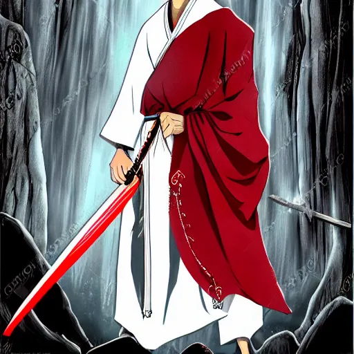 Image similar to samarai cloaked in white with swords, standing in light beam of a dark cave, ruby red sorrow, high quality, ultra detail