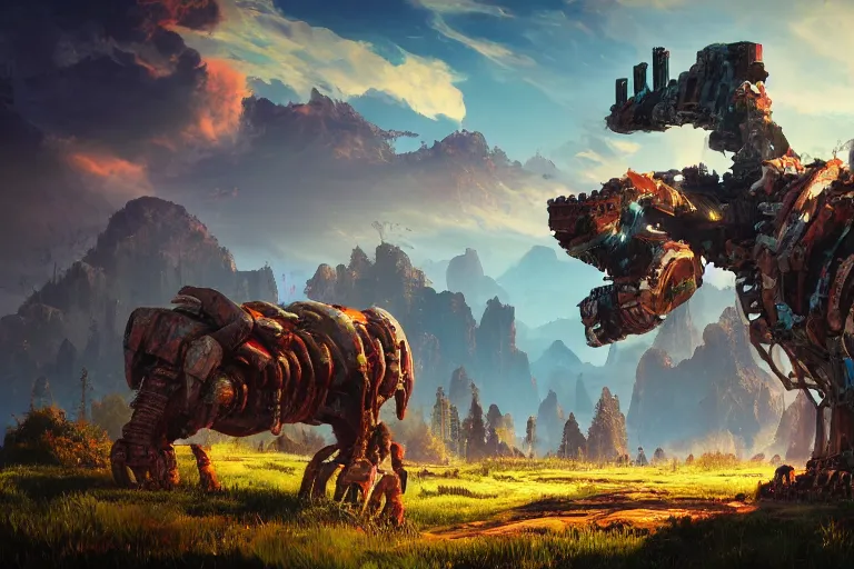 Image similar to tremortusk machine mecanical creature robot of horizon forbidden west horizon zero dawn radiating a glowing aura global illumination ray tracing hdr fanart arstation by ian pesty and alena aenami artworks in 4 k