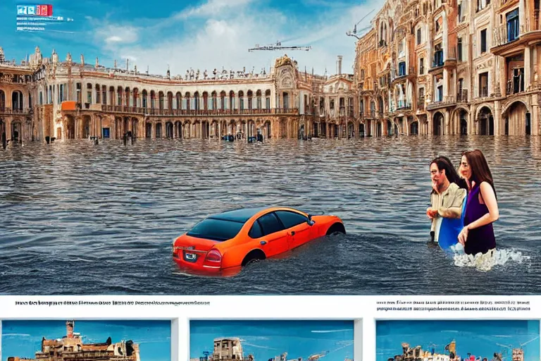 Image similar to touristic magazine ads of a family visiting a catastrophic barcelona, buildings covered with high water, floating cars, catchy graphic design, photo real