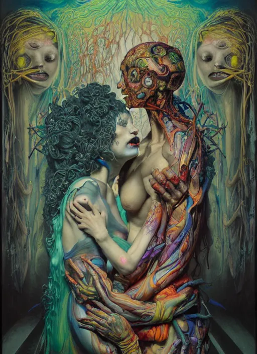 Prompt: two strange, biomorphic humanoid figures draped in vibrant coloured silk, inside an gothic dystopian, abandoned hospital room, ayami kojima, greg hildebrandt, mark ryden, haunting surreal, eerie vibrating color palette of charlie immer, highly detailed by jenny saville, emotionally evoking, head in focus, volumetric lighting, oil painting, timeless disturbing masterpiece