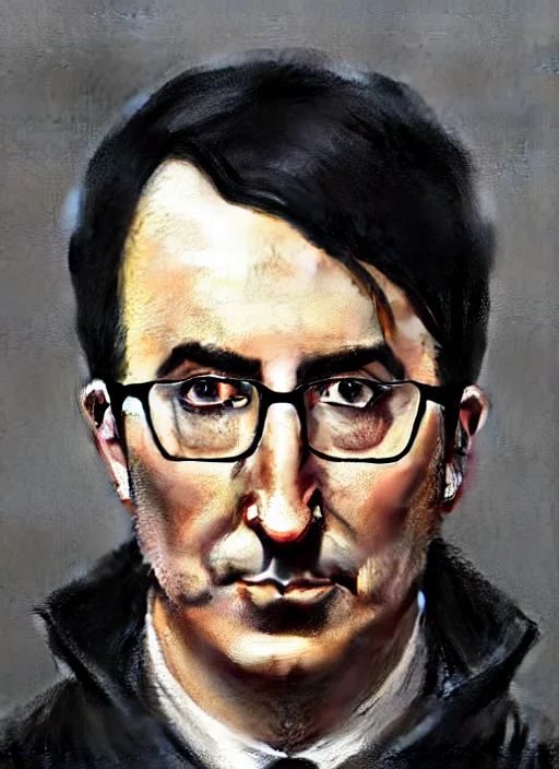 Image similar to portrait of stoic looking john oliver as in the vigo carpathian painting, full body, military uniform, fantasy, intricate, elegant, beautiful, highly detailed, charcoal, centered, dark, smokey, digital painting, artstation, concept art, smooth, sharp focus, illustration, art by artgerm and greg rutkowski and alphonse mucha