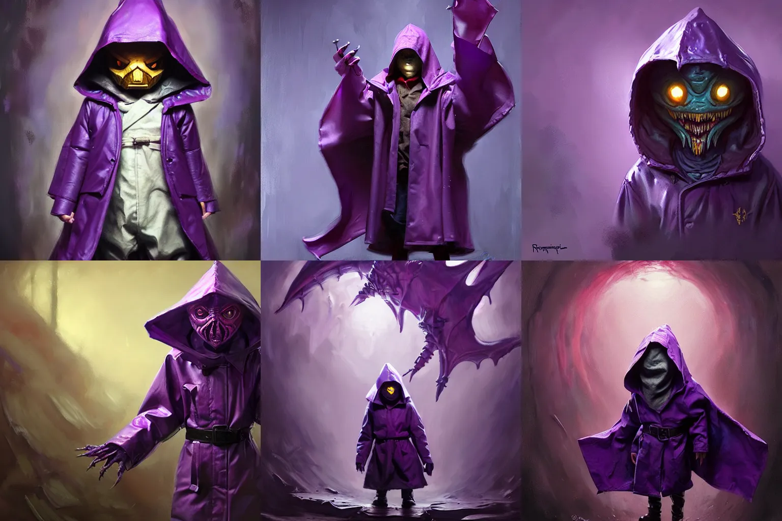 Prompt: Little nightmares purple raincoat demogorgon painted by raymond swanland