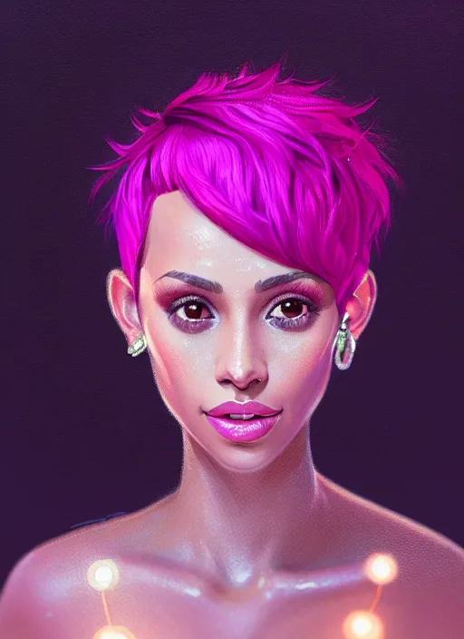 Image similar to portrait of vanessa morgan with bright pink hair, curly pixie cut hair, wearing a purple breton cap, breton cap, hoop earrings, intricate, elegant, glowing lights, highly detailed, digital painting, artstation, concept art, smooth, sharp focus, illustration, art by wlop, mars ravelo and greg rutkowski