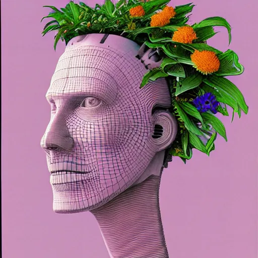 Image similar to a painting by Thomas Cole of a vaporwave robot head with flowers growing out, highly detailed 3d rendering from 1996