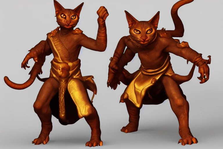 Image similar to hairless tabaxi dungeons and dragons wearing a golden robe. Evil red glowing eyes. Artstation, highly detailed, 8k