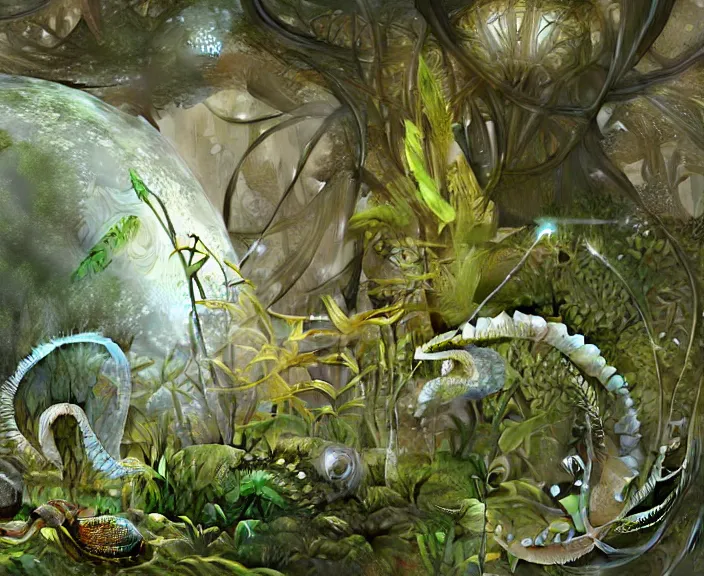 Prompt: simplicity, transparent clear see - through image of mollusks, lush botany, orchids, ferns, biomechanical environment, ultra realistic, concept art, photorealistic, octane render, 8 k, unreal engine. art by gustave dore and nori inoguchi and sam kaplan and zachary goulko and christopher marley and artgerm and alphonse mucha