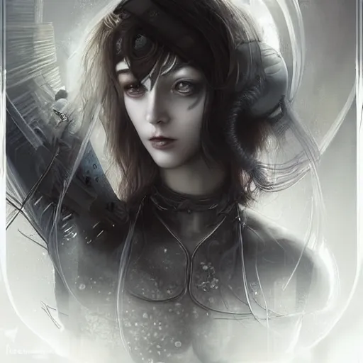 Prompt: By Tom Bagshaw, ultra realist soft painting of an attractive cyberpunk anime female fully body armored with thin lustrous long hair floating, photorealistic eyes render looking at camera, curiosities carnival, symmetry accurate features, very intricate details, focus, dark fantasy background black and white