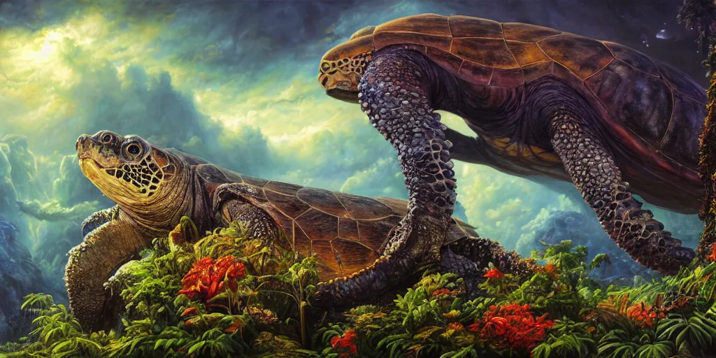 Image similar to fantasy oil painting, great leviathan, turtle cephalopod terrapin reptilian pachyderm amphibian hybrid, rainforest mountains, lush plants flowers, epic natural light, bright clouds, luminous sky, outer worlds, cinematic lighting, michael cheval, michael whelan, vray, 8 k hd