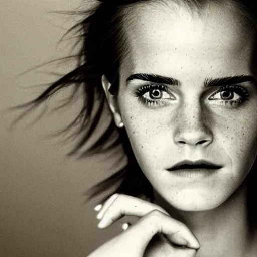 Image similar to Emma Watson closeup face shoulders very long hair Vogue fashion shoot by Peter Lindbergh fashion poses detailed professional studio lighting dramatic shadows professional photograph by Cecil Beaton, Lee Miller, Irving Penn, David Bailey, Corinne Day, Patrick Demarchelier, Nick Knight, Herb Ritts, Mario Testino, Tim Walker, Bruce Weber, Edward Steichen, Albert Watson