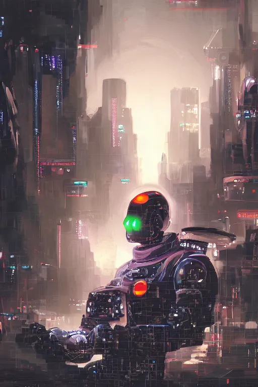 Image similar to a digital painting of a man with a robot suit on, cyberpunk art by Constant, featured on polycount, computer art, glitchy, biomorphic, greeble