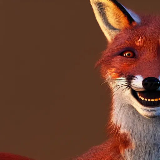 Prompt: a highly detailed photographic render of a fox laughing , beautifully lit, ray traced, octane 3D render,
