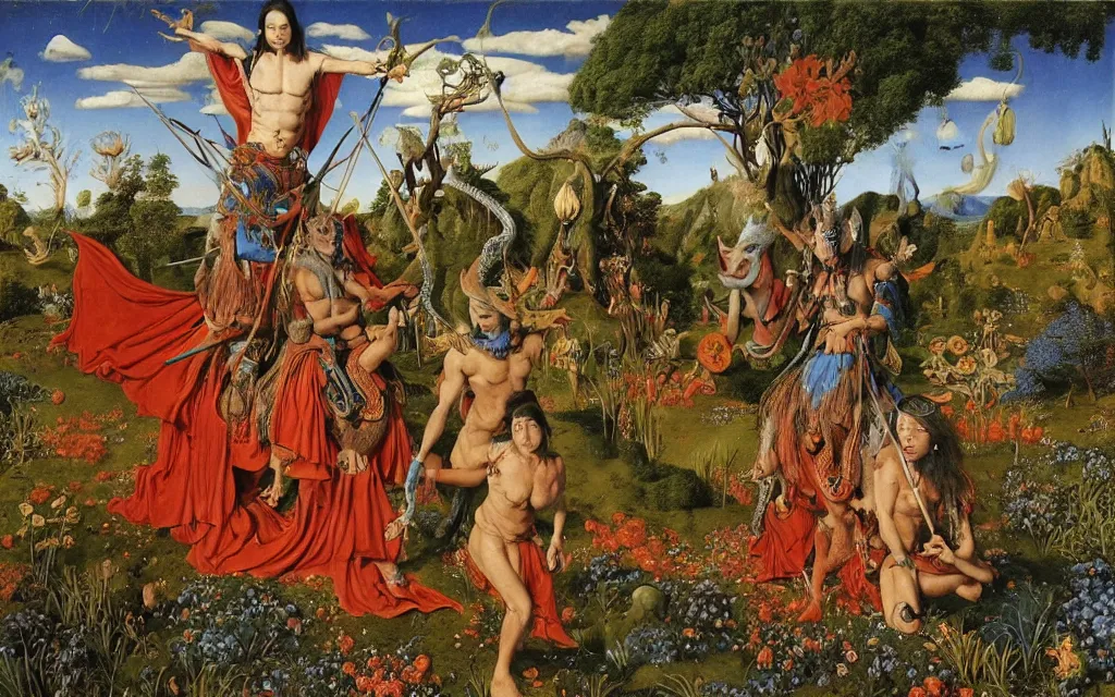 Prompt: a portrait photograph of a meditating shaman and a centaur monk riding a dragon and hunting at a river delta. surrounded by bulbous flowers and trees. mountain range under a blue sky of fiery stars. by jan van eyck, max ernst, ernst haeckel, ernst fuchs and artgerm, cgsociety, fashion editorial, 8 k