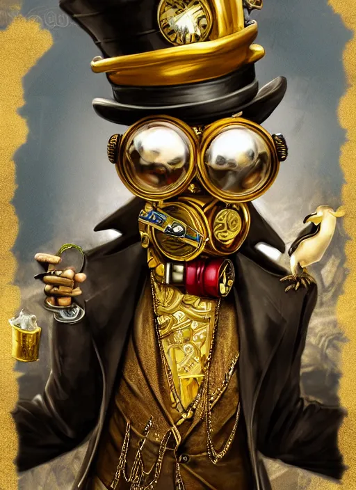 Image similar to athropomorphized rich penguin capitalist sitting on pile of gold, wearing steampunk top hat, goggles, drinking tea, concept art, insanely detailed and intricate, hypermaximalist, elegant, ornate, hyper realistic, super detailed, art deco, cinematic, trending on artstation, magic the gathering artwork, centered